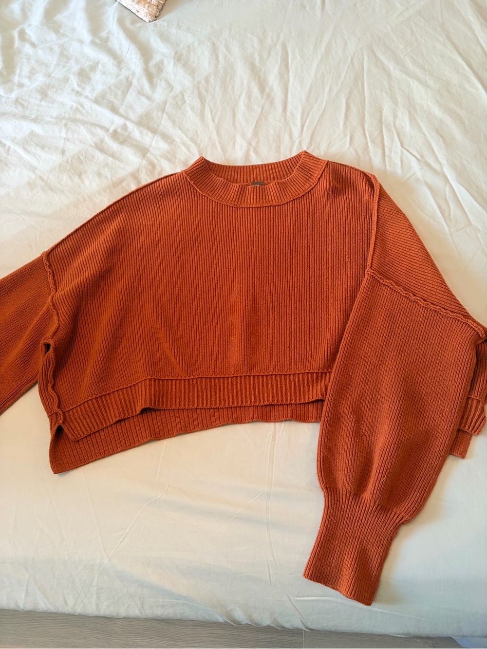 Free People Cropped Crewneck Sweater in Burnt Orange